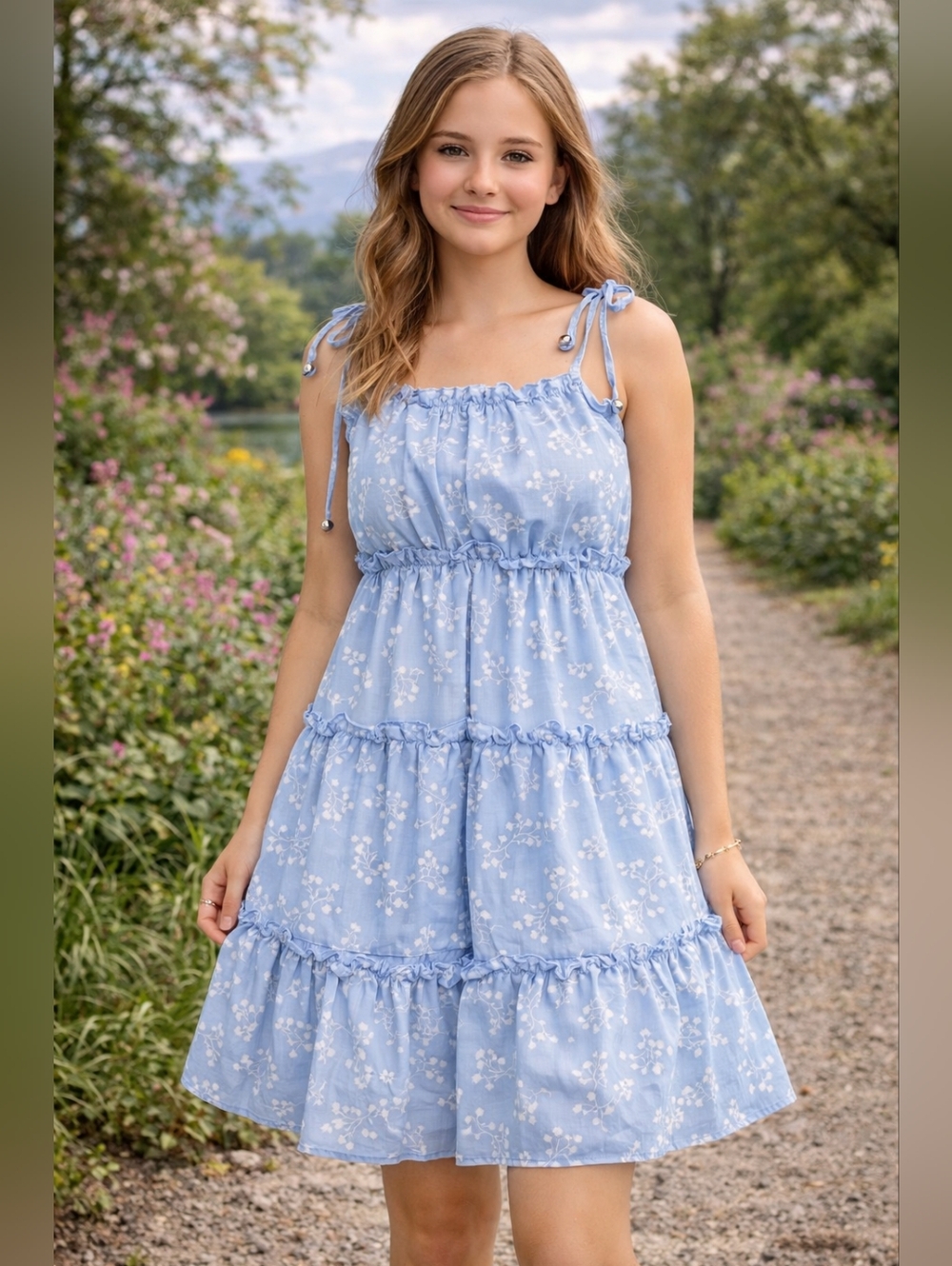 Rue21 Light Blue Floral Tiered Sundress Juniors Medium Tie Strap‎ Ruffle Boho